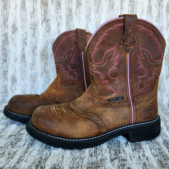 Justin "Wanette" Steel Toe Brown Leather Cowboy Western Boot | Women's Size 9.5B - Picture 2 of 13